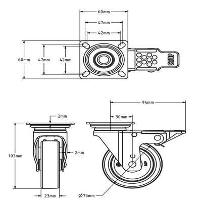 Rvs zwenkwiel met rem 75 mm - Rubber - 60 kg