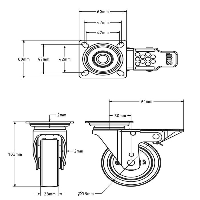 Rvs zwenkwiel met rem 75 mm - Rubber - 60 kg