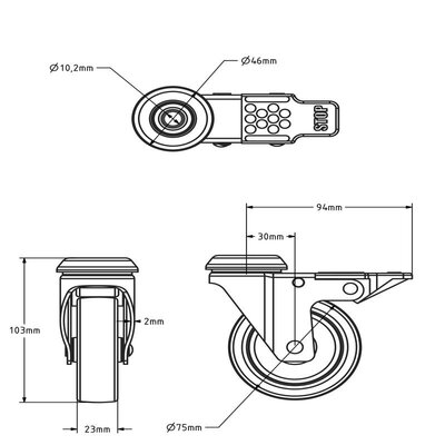 Rvs zwenkwiel met rem 75 mm - Rubber - 60 kg