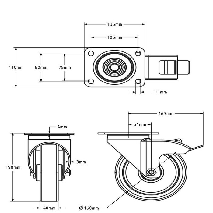 Rvs zwenkwiel met rem 160 mm - rollager - 350 kg