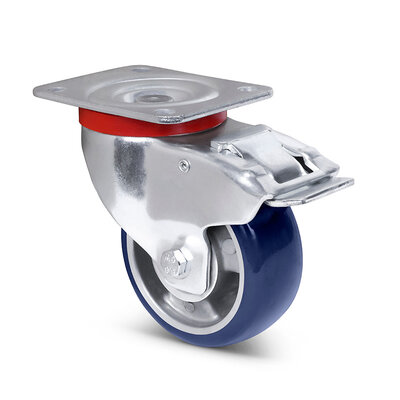 Blauw  PU zwenkwiel met rem 100 mm - 200 kg