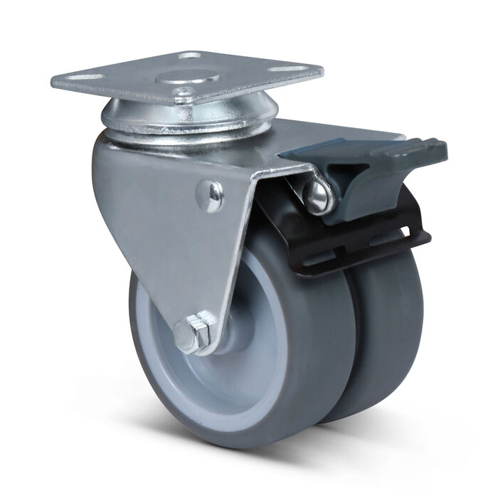 Dubbel zwenkwiel met rem 75 mm - plaat - 120 kg