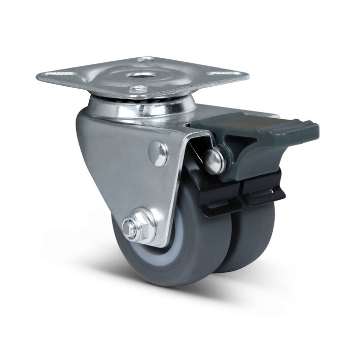 Dubbel zwenkwiel met rem 50 mm - plaat - 80 kg