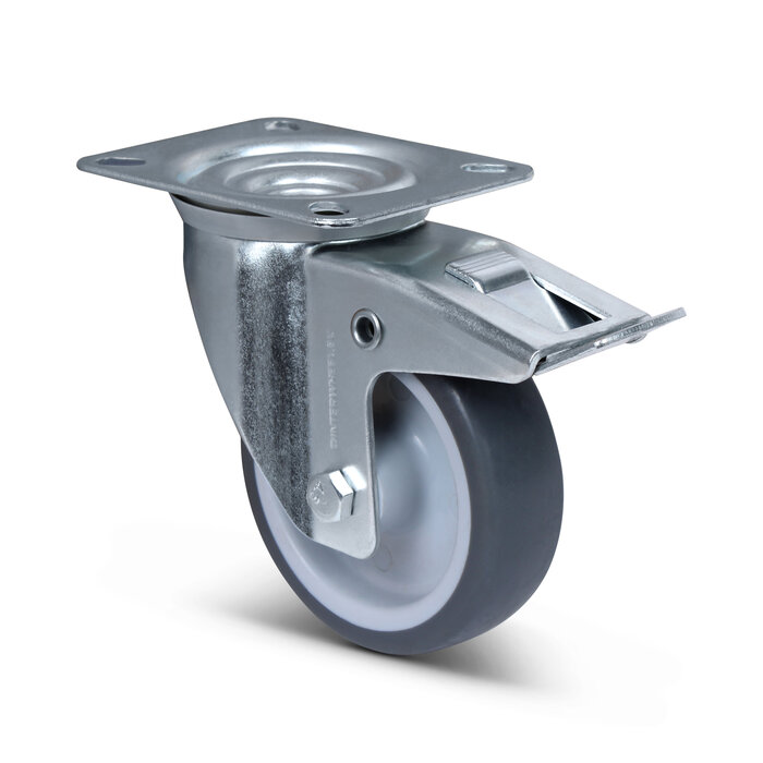 TPR rubber zwenkwiel met rem 100 mm - rogellager - 100 kg