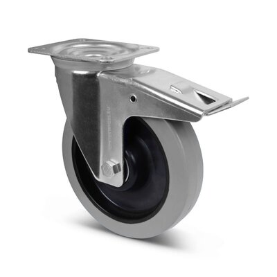 Rubber zwenkwiel met rem 200 mm - kogellager - 400 kg