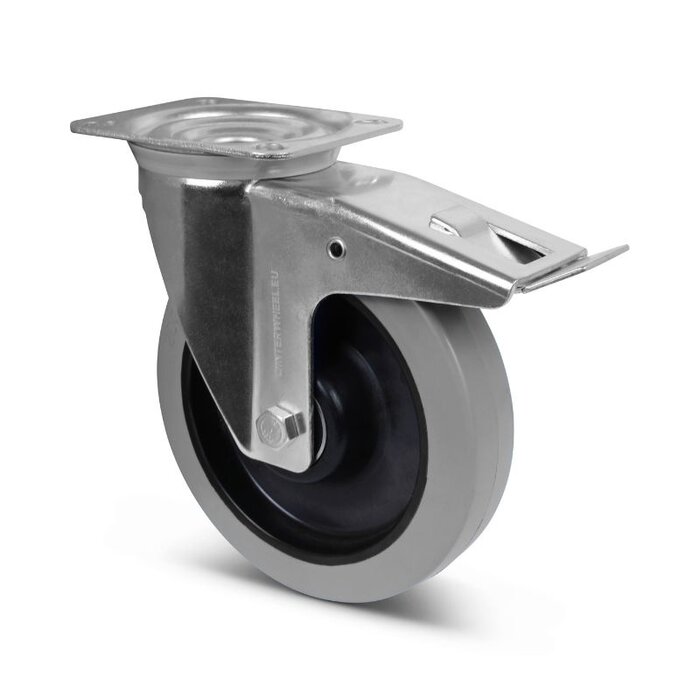 Rubber zwenkwiel met rem 200 mm - kogellager - 400 kg