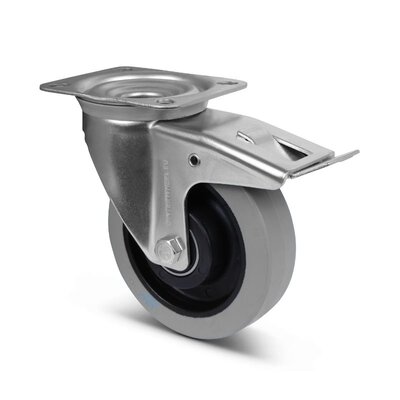 Rubber zwenkwiel met rem 160 mm - kogellager - 350 kg