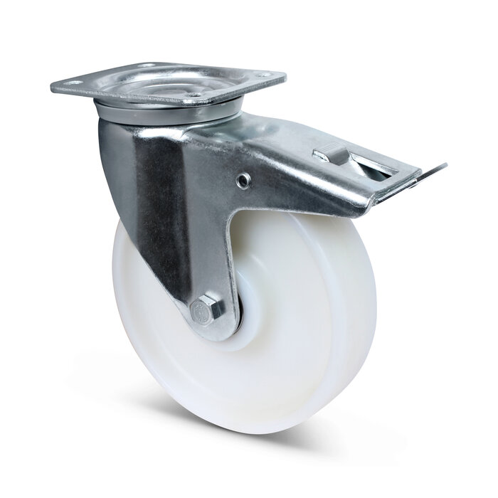 Nylon zwenkwiel met rem 200 mm - kogellager - 800 kg