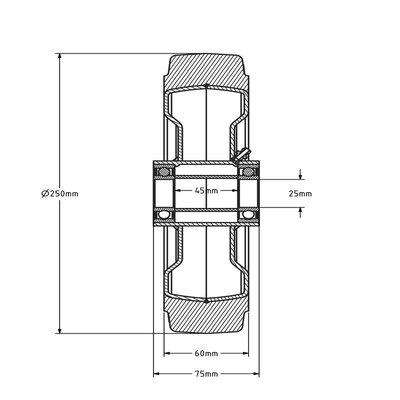 Rubber wiel 250 mm - kogellager asgat 25 mm - 850 kg