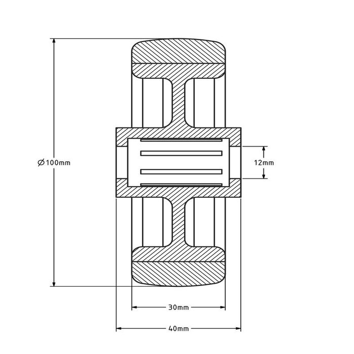 Rubber wiel 100 mm - rollager asgat 12 mm - 100 kg