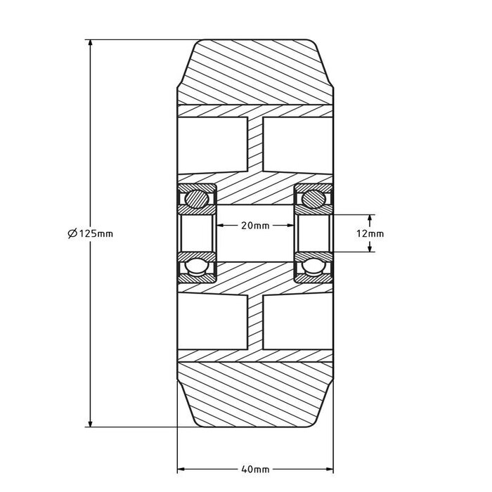 Rubber wiel 125 mm - kogellager asgat 12 mm - 200 kg