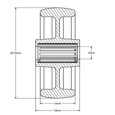 Nylon wiel 150 mm - rollager asgat 20 mm - 350 kg