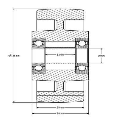 PU wiel 125 mm - kogellager asgat 20 mm - 550 kg