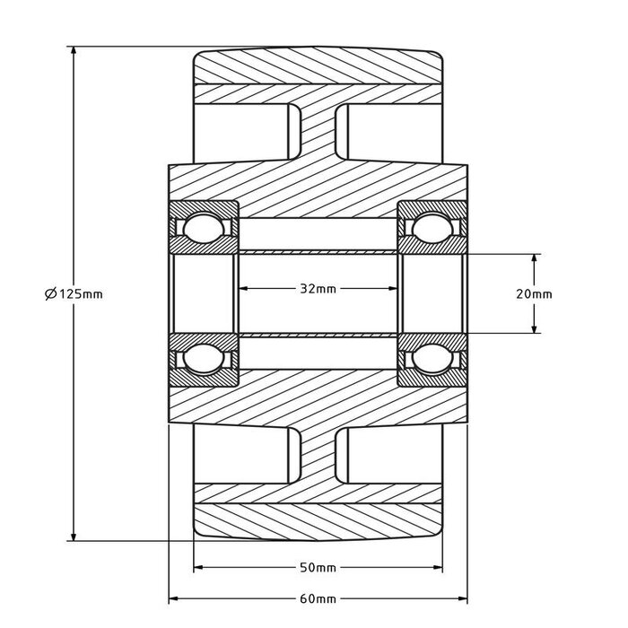 PU wiel 125 mm - kogellager asgat 20 mm - 550 kg