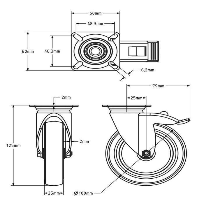 Zwart zwenkwiel met rem 100 mm - plaat - 80 kg