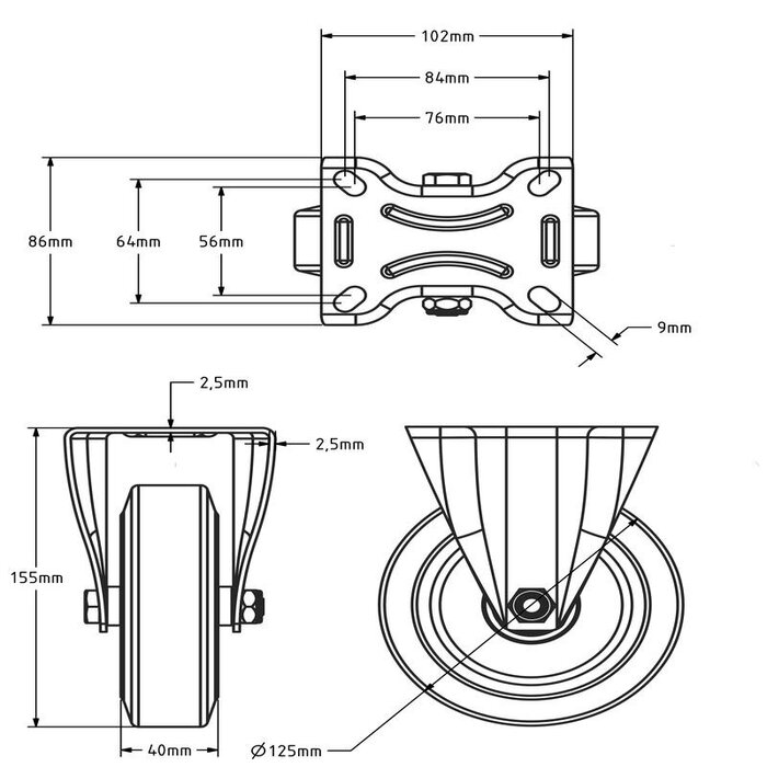 Rubber bokwiel 125 mm - kogellager - 200 kg