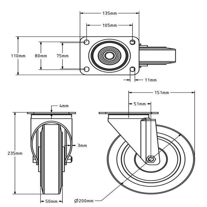 Rvs zwenkwiel 200 mm rubber - kogellager - 400 kg