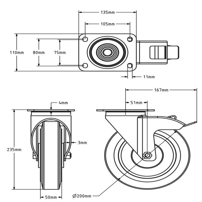 Rvs zwenkwiel met rem 200 mm rubber - kogellager - 400 kg
