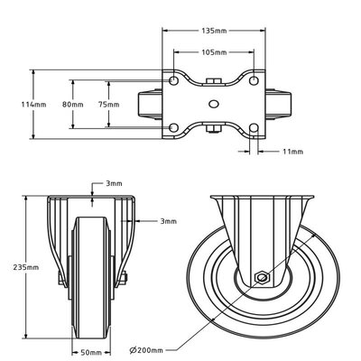 Rvs bokwiel 200 mm rubber - kogellager - 400 kg
