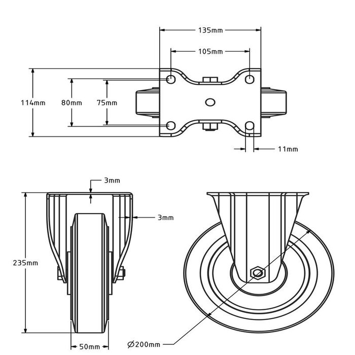 Rvs bokwiel 200 mm rubber - kogellager - 400 kg