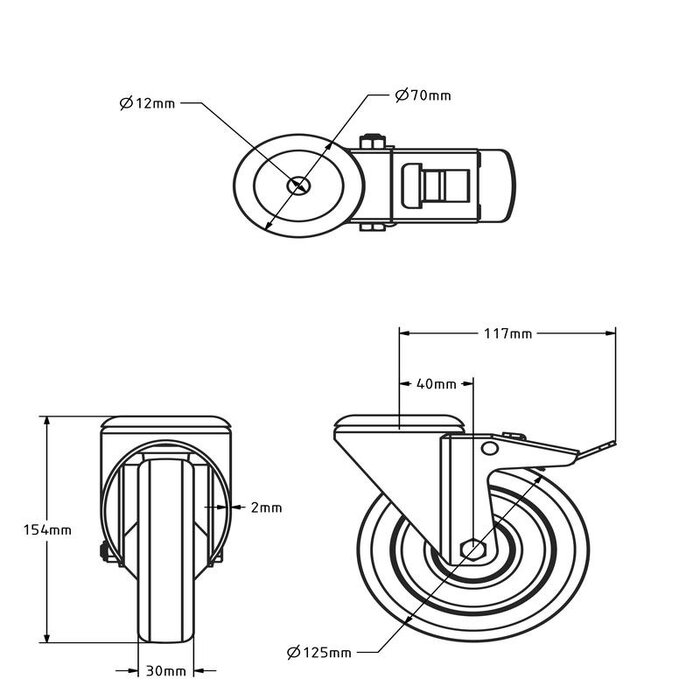 ESD Rvs zwenkwiel met rem 125 mm - PU - 200 kg
