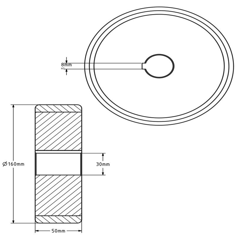 Polyurethaan aandrijfwiel 160x50 mm - Boring 30 H7 spiebaan - 800 kg