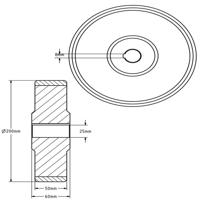 Polyurethaan aandrijfwiel 200x50 mm - Boring 25 mm H7 spiebaan - 1000 kg