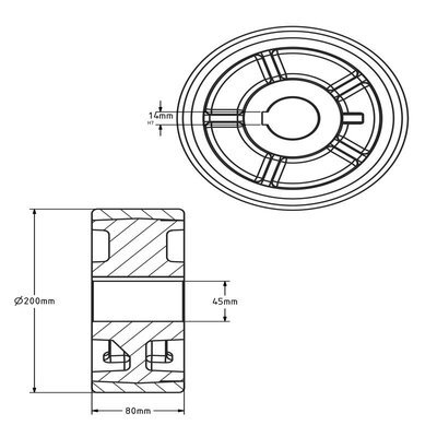 Polyurethaan aandrijfwiel 200x80 mm - Boring 45 mm H7 spiebaan - 1600 kg