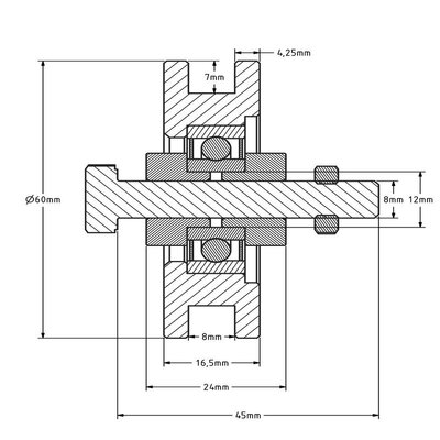Groefwiel 60 mm met vierkante groef - 100 kg
