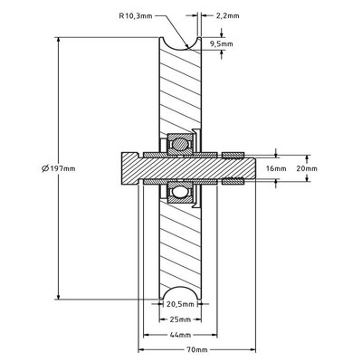 Groefwiel 200 mm met U groef - 330 kg