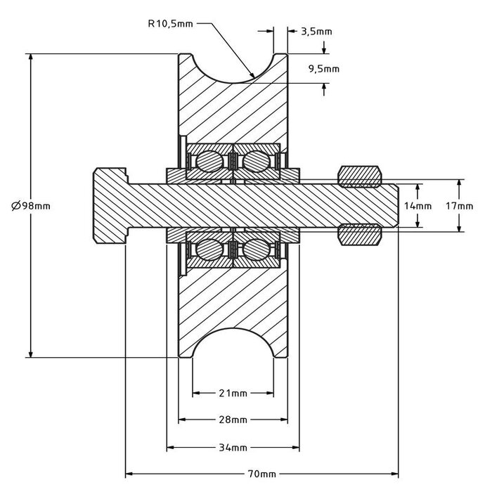 Groefwiel 100 mm met U groef - 425 kg