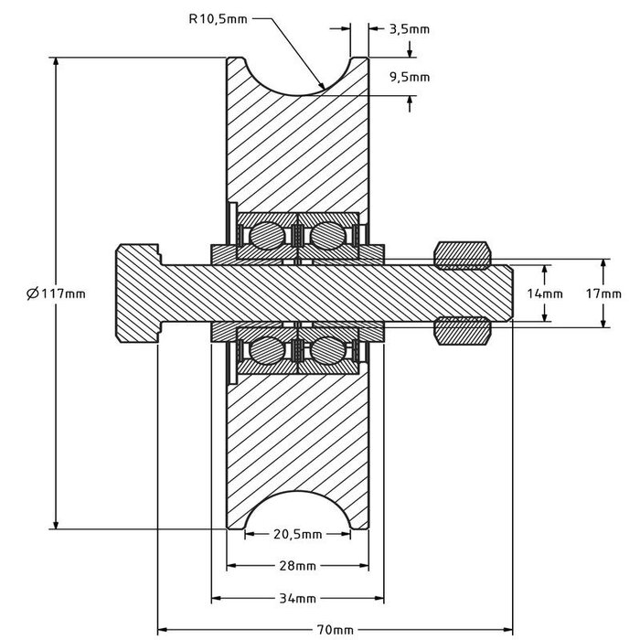 Groefwiel 120 mm met U groef - 450 kg