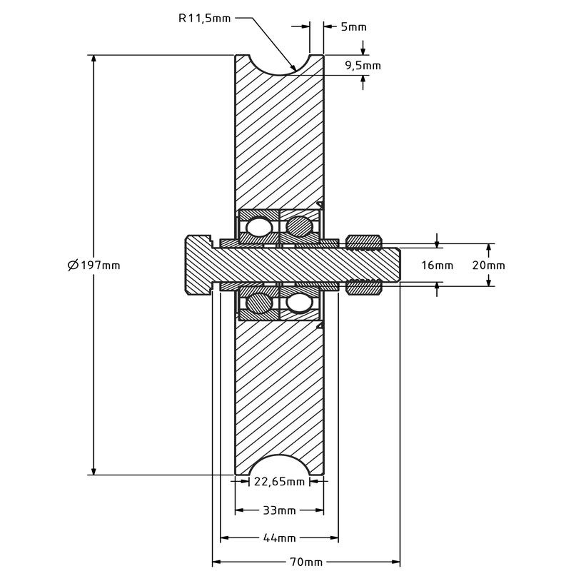 Groefwiel 200 mm met U groef - 625 kg