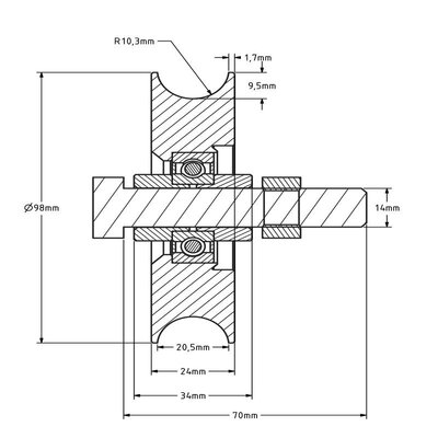 Rvs groefwiel 100 mm met U groef - 220 kg