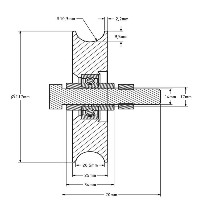 Rvs groefwiel 120 mm met U groef - 220 kg