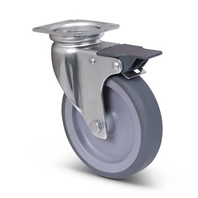 Rvs zwenkwiel met rem 100 mm - Rubber - 80 kg