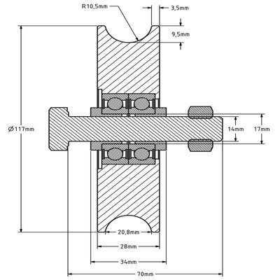 Rvs groefwiel 120 mm met U groef - 450 kg
