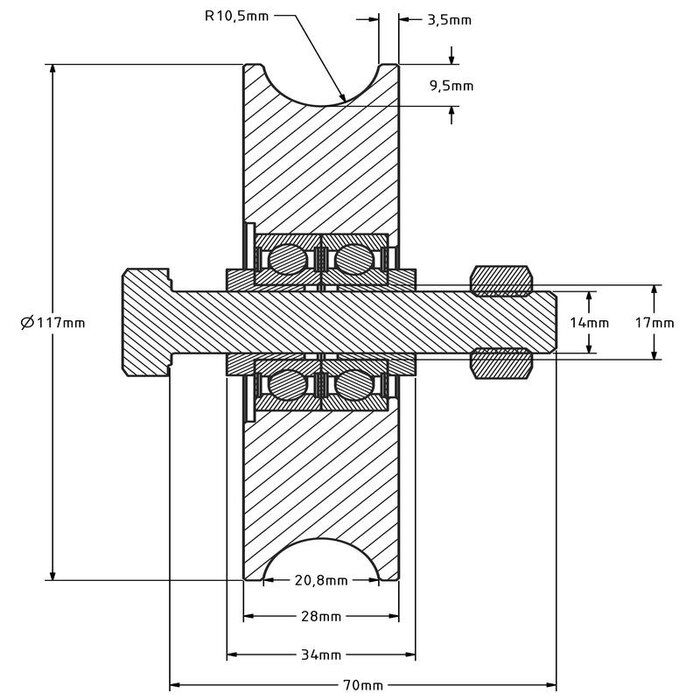 Rvs groefwiel 120 mm met U groef - 450 kg