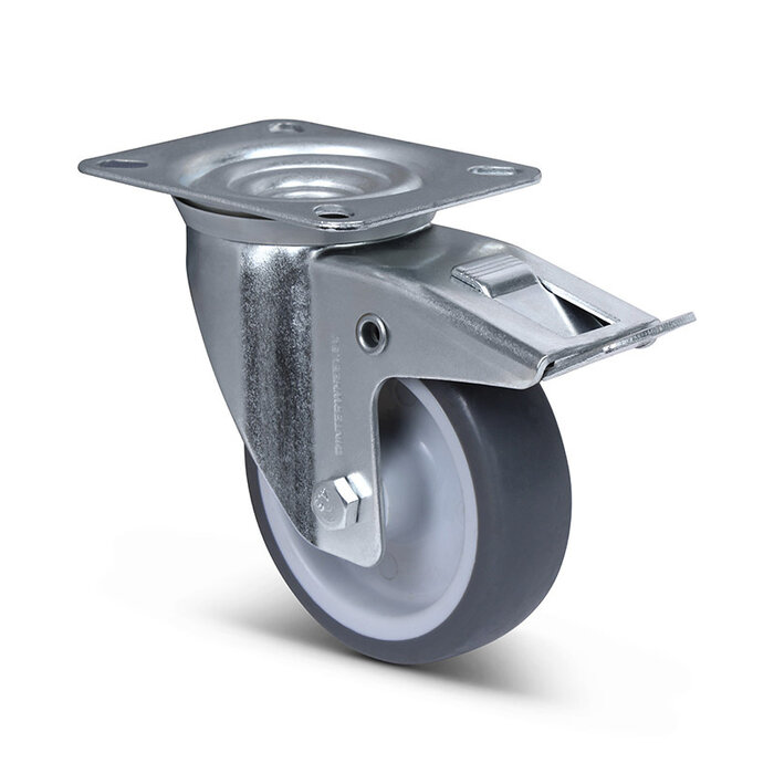 TPR rubber zwenkwiel met rem 100 mm - rogellager - 100 kg