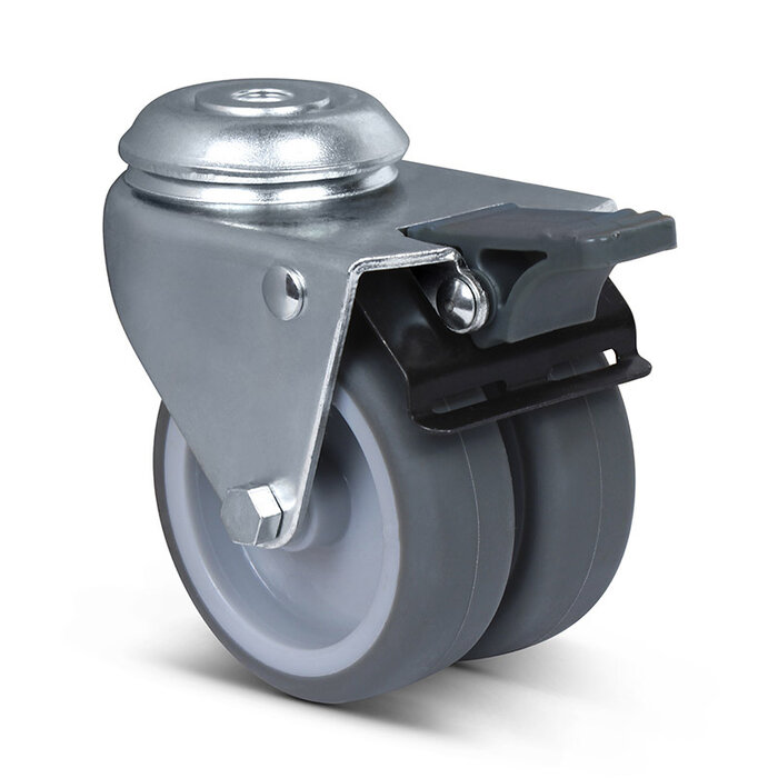 Dubbel zwenkwiel met rem 75 mm - boutgat - 120 kg