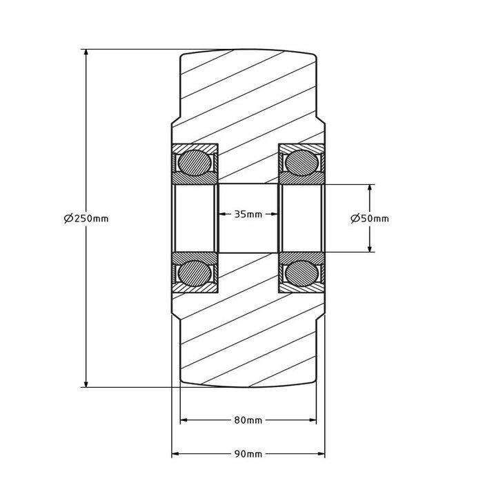 Gietnylon wiel 250 mm - kogellager - 6000 kg