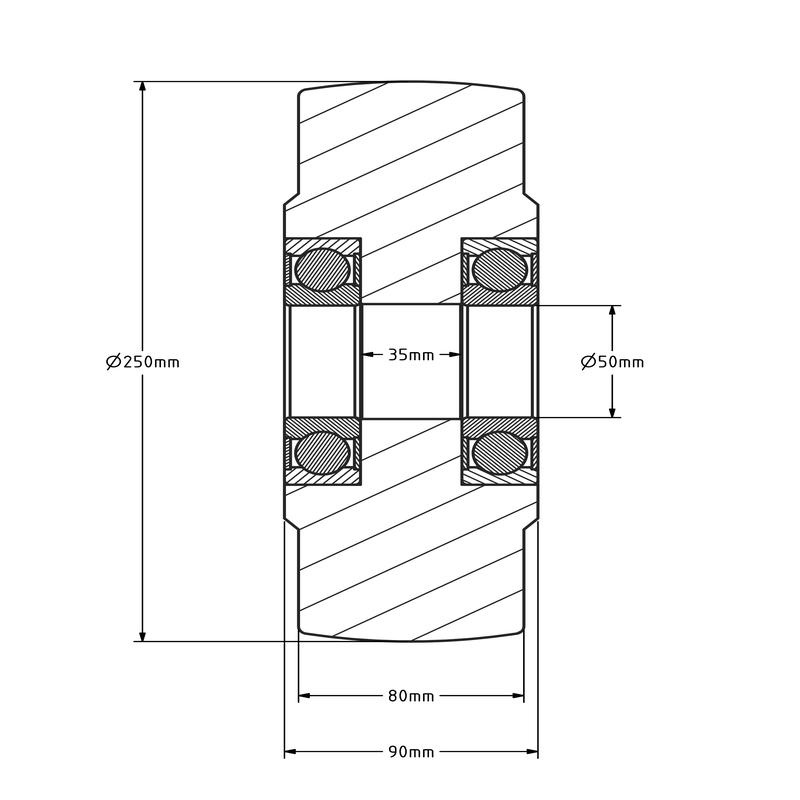 Gietnylon wiel 250 mm - kogellager - 6000 kg