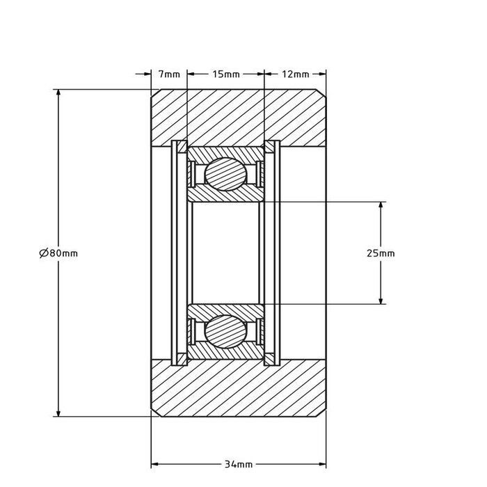 Stalen zwaarlast wiel 80x34 mm - 700 kg