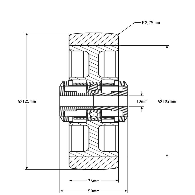 PU wiel 125 mm - kogellager asgat 10 mm - 200 kg