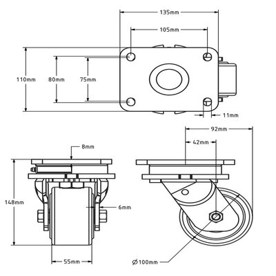 Gietnylon zwenkwiel 100 mm - 1500 kg