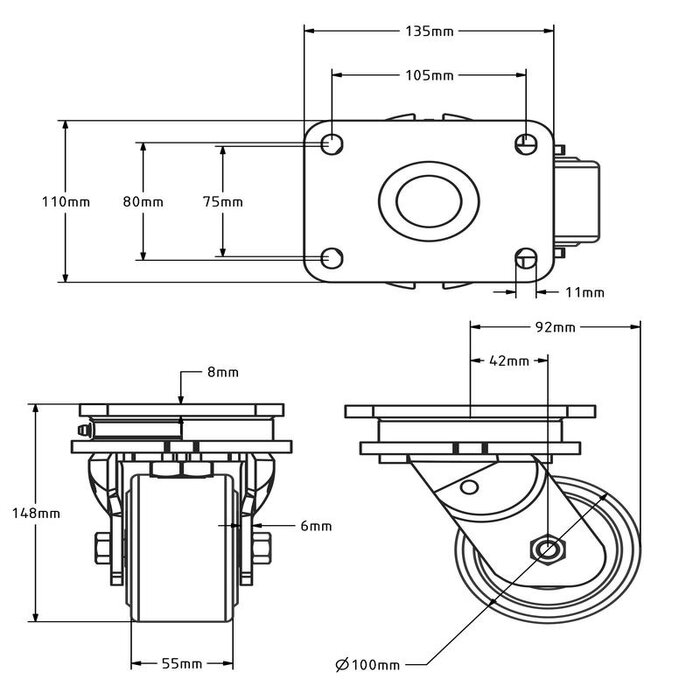 Gietnylon zwenkwiel 100 mm - 1500 kg