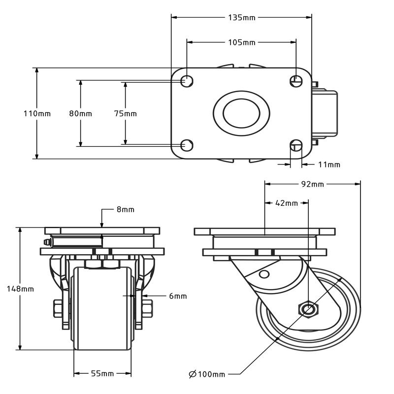 Gietnylon zwenkwiel 100 mm - 1500 kg