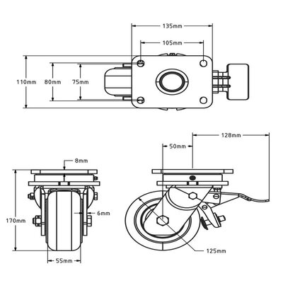 Gietnylon zwenkwiel met rem 125 mm - 2000 kg