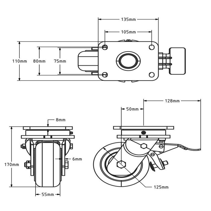Gietnylon zwenkwiel met rem 125 mm - 2000 kg
