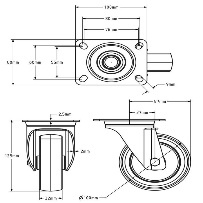 Rvs zwenkwiel 100 mm - Rubber - 100 kg